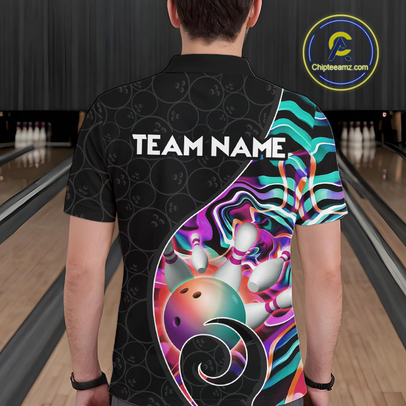 Men’s turquoise neon wave bowling polo shirt, back view on male model in bowling lane