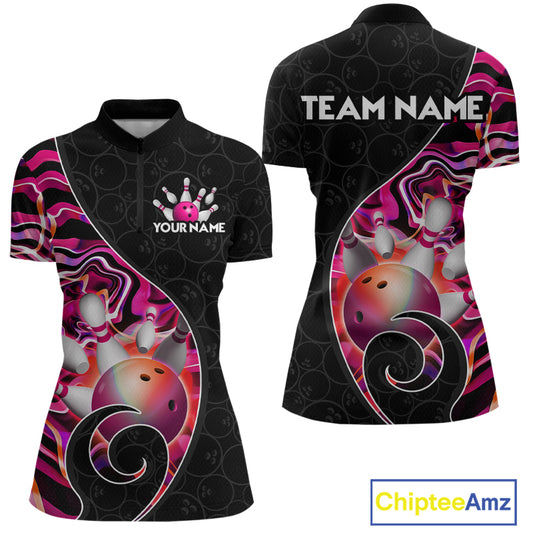 Women’s pink neon wave strike bowling shirt with custom name, front view quarter zip design on white background