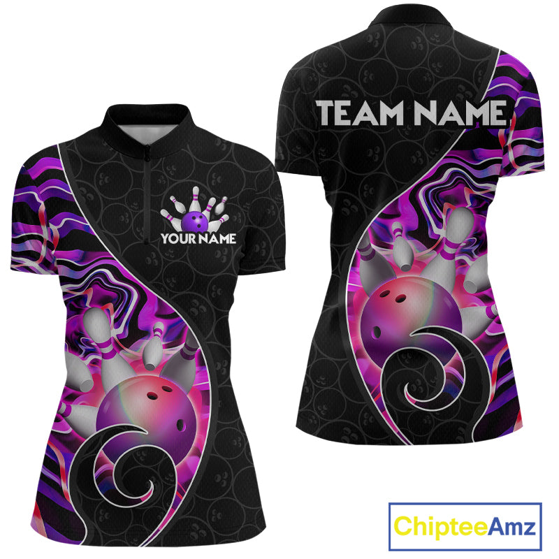 Women’s purple neon wave strike bowling shirt with custom name, front view quarter zip design on white background