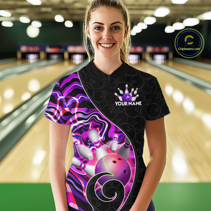Women’s purple neon wave bowling quarter zip shirt, front view on female model in bowling lane