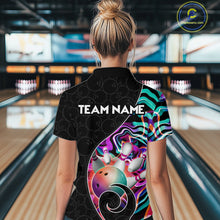 Load image into Gallery viewer, Women’s turquoise neon wave bowling quarter zip shirt, back view on female model in bowling lane