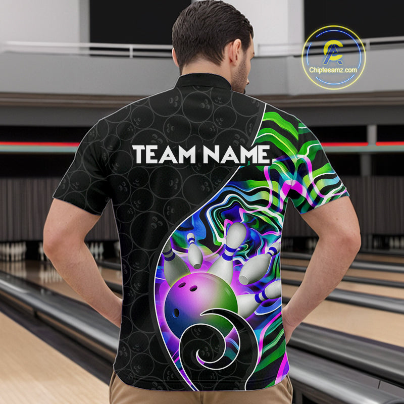 Men’s green neon wave bowling quarter zip shirt, front back on male model in bowling lane 