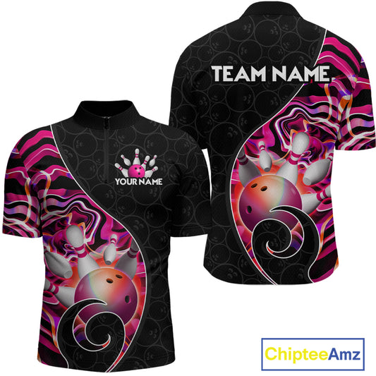 Men’s pink neon wave strike bowling shirt with custom name, front view quarter zip design on white background
