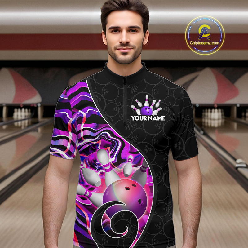 Men’s purple neon wave bowling quarter zip shirt, front view on male model in bowling lane 