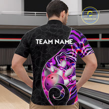 Load image into Gallery viewer, Men’s purple neon wave bowling quarter zip shirt, front back on male model in bowling lane