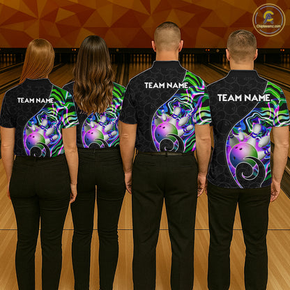Group of male bowlers in green neon wave team shirts, personalized bowling uniforms back view.