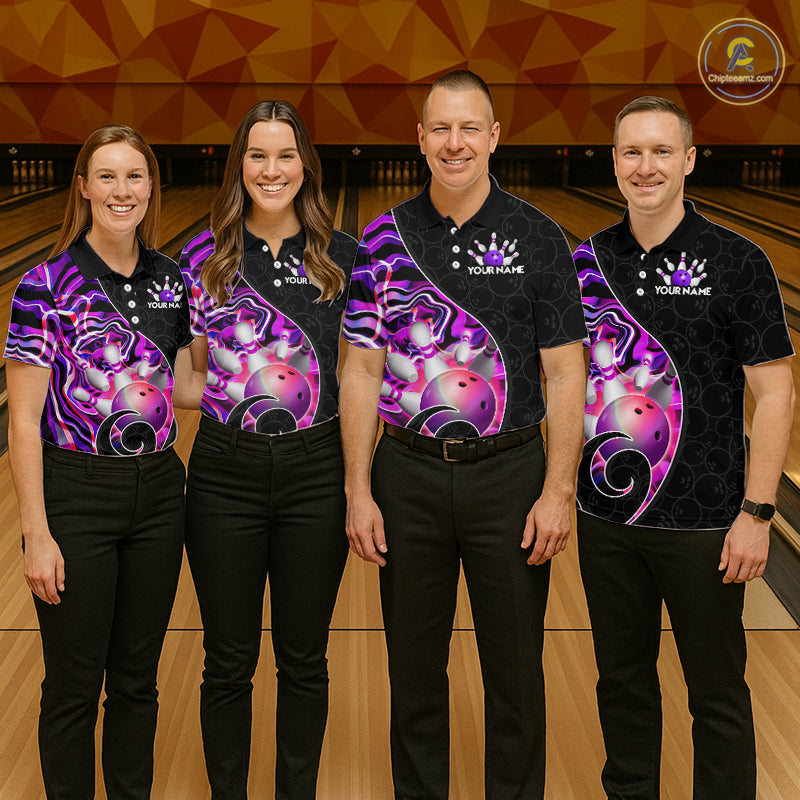 Group of  bowlers in purple neon wave team shirts, personalized bowling uniforms front view