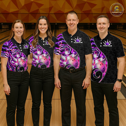 Group of  bowlers in purple neon wave team shirts, personalized bowling uniforms front view