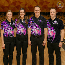 Load image into Gallery viewer, Group of  bowlers in purple neon wave team shirts, personalized bowling uniforms front view