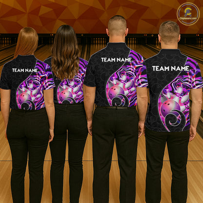 Group of bowlers in purple neon wave team shirts, personalized bowling uniforms back view