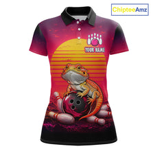 Load image into Gallery viewer, Custom retro sunset bearded dragon bowling jersey for women, personalized team bowling polo shirt front view