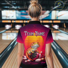 Load image into Gallery viewer, Women’s retro sunset bearded dragon bowling polo shirt, back view on female model in bowling lane 
