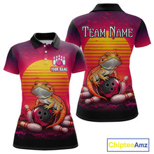 Load image into Gallery viewer, Custom retro sunset bearded dragon bowling jersey for women, personalized team bowling polo shirt front view and back view