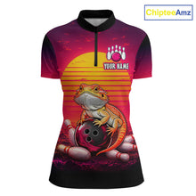 Load image into Gallery viewer, Custom retro sunset bearded dragon bowling jersey for women, personalized team bowling quarter zip shirt front view
