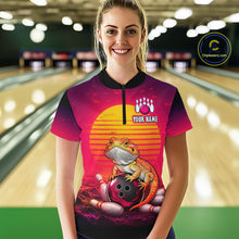 Load image into Gallery viewer, Women’s retro sunset bearded dragon bowling quarter zip shirt, front view on female model in bowling lane 