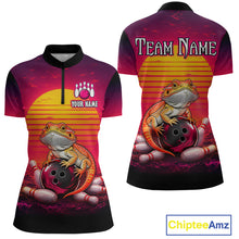 Load image into Gallery viewer, Custom retro sunset bearded dragon bowling jersey for women, personalized team bowling quarter zip shirt front view and back view