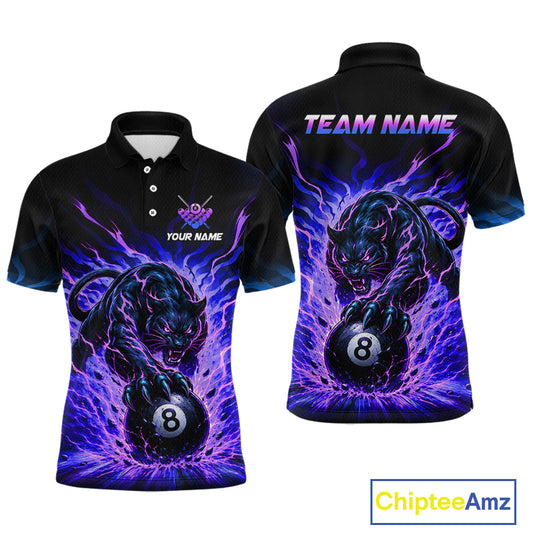 Black polo shirt with a panther and 8-ball design on a white background, featuring 'Chiptee Amz' branding.