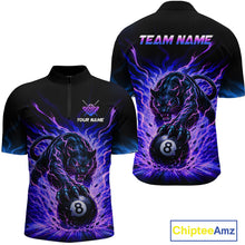 Load image into Gallery viewer, Black and purple sports jersey with panther and 8-ball design, customizable text on a white background.