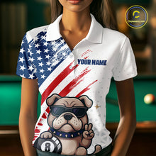 Load image into Gallery viewer, Person wearing a polo shirt with an American flag design and cartoon bulldog holding a pool ball.