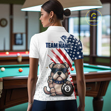 Load image into Gallery viewer, Person wearing a white polo shirt with a dog and American flag design in a pool hall.