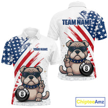 Load image into Gallery viewer, Polo shirt with a dog holding an 8-ball design, featuring American flag colors and 'Chiptee Amz' branding.