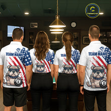 Load image into Gallery viewer, Four people wearing matching shirts with a bulldog and American flag design in a pool hall.