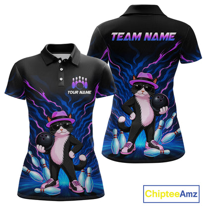 Black short-sleeve polo shirt shown from front and back with a colorful bowling-themed graphic featuring a black cat in a pink hat, bowling balls, pins, and purple lightning effects. The front has placeholder text reading 'YOUR NAME' and the back has 'TEAM NAME'.