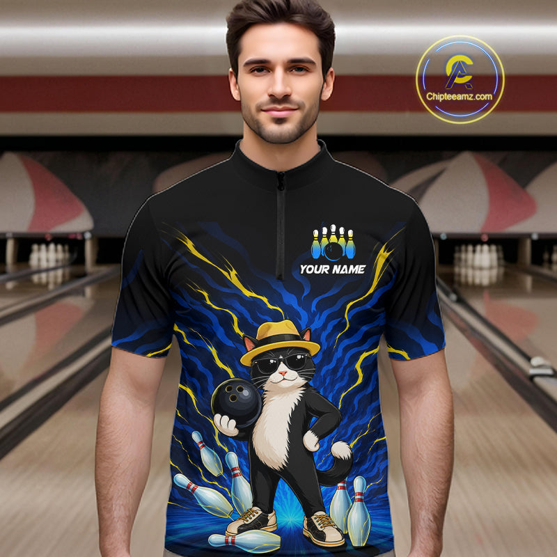 A man wearing a black short-sleeve zip-front cycling jersey with a colorful bowling-themed graphic on the front. The design features a black-and-white cat wearing a yellow hat and sunglasses, holding a bowling ball, with blue lightning effects and bowling pins.