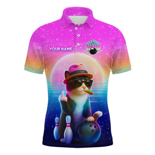 Custom Funny Cat Bowling Shirt for Men Retro Wave Bowling Team Jersey Polo & 1/4 Zip HNT200