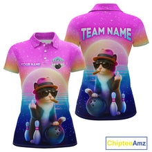 Load image into Gallery viewer, Custom Funny Cat Bowling Shirt for Women Retro Wave Bowling Team Jersey Polo &amp; 1/4 Zip HNT200