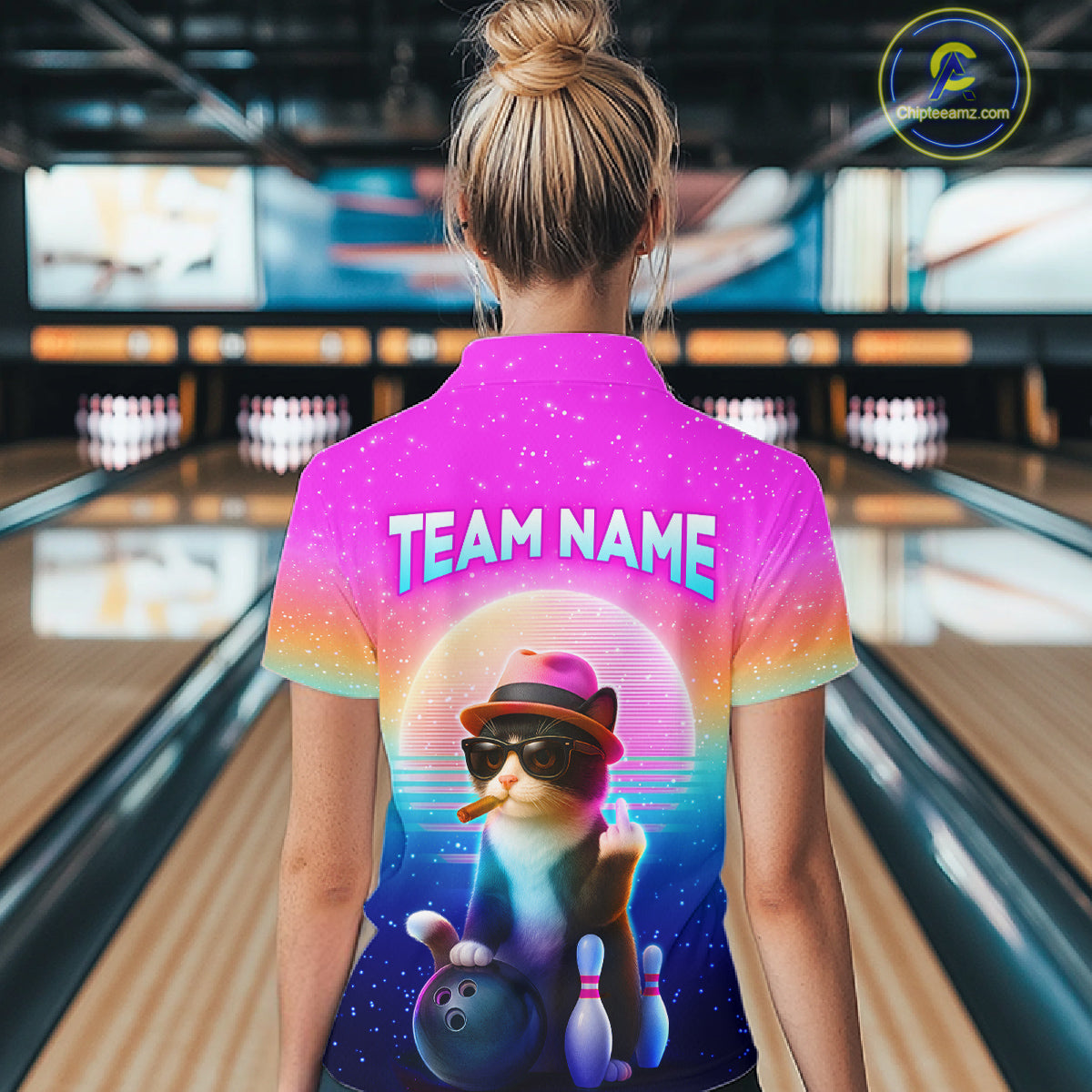 Custom Funny Cat Bowling Shirt for Women Retro Wave Bowling Team Jersey Polo & 1/4 Zip HNT200