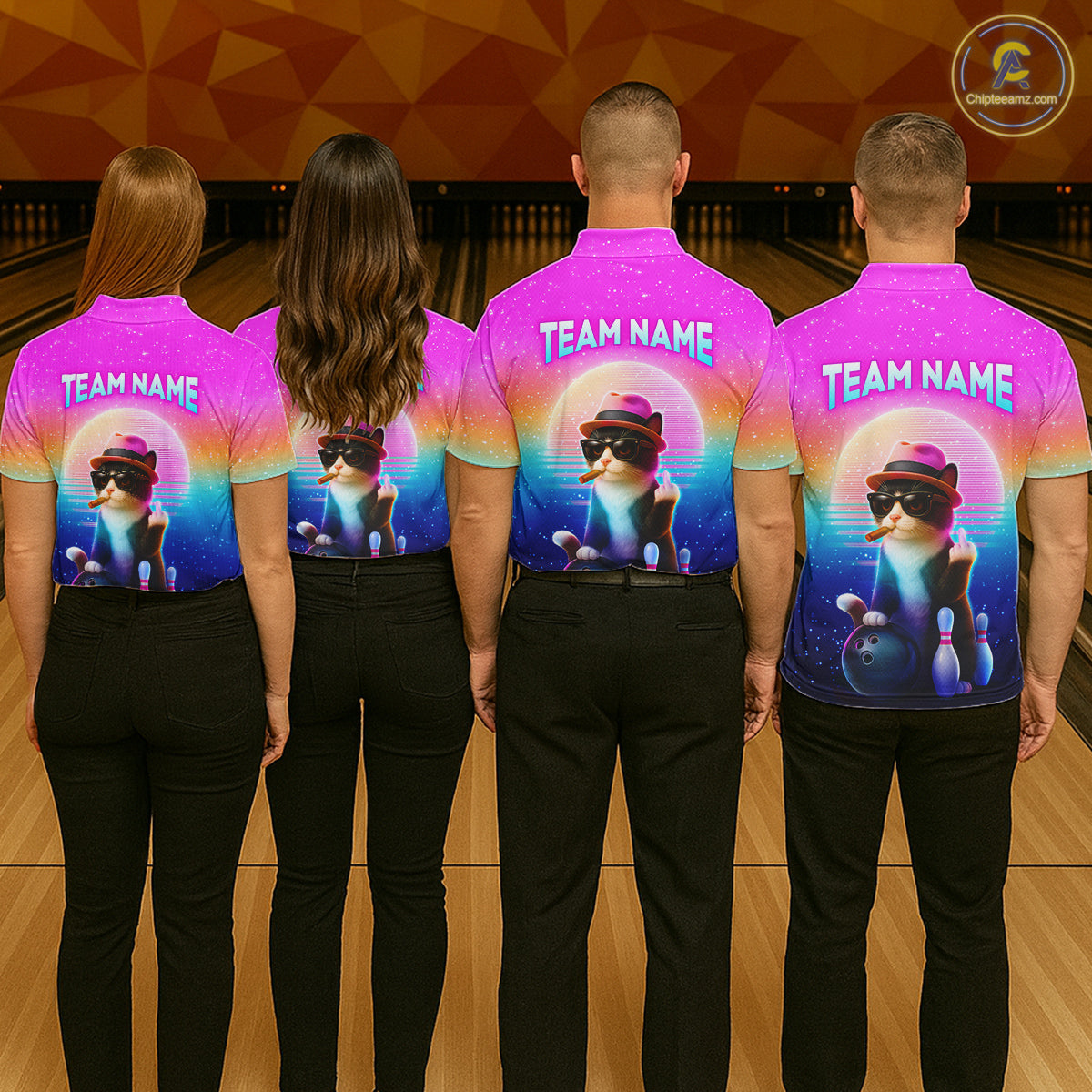 Custom Funny Cat Bowling Shirt for Men Retro Wave Bowling Team Jersey Polo & 1/4 Zip HNT200