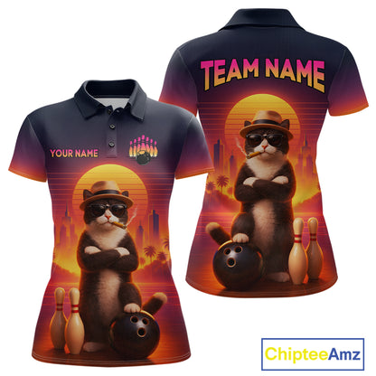 Custom Funny Cat Retro Bowling Jersey for Women Bowling Polo & 1/4 Zip Bowling Team Shirts HNT199