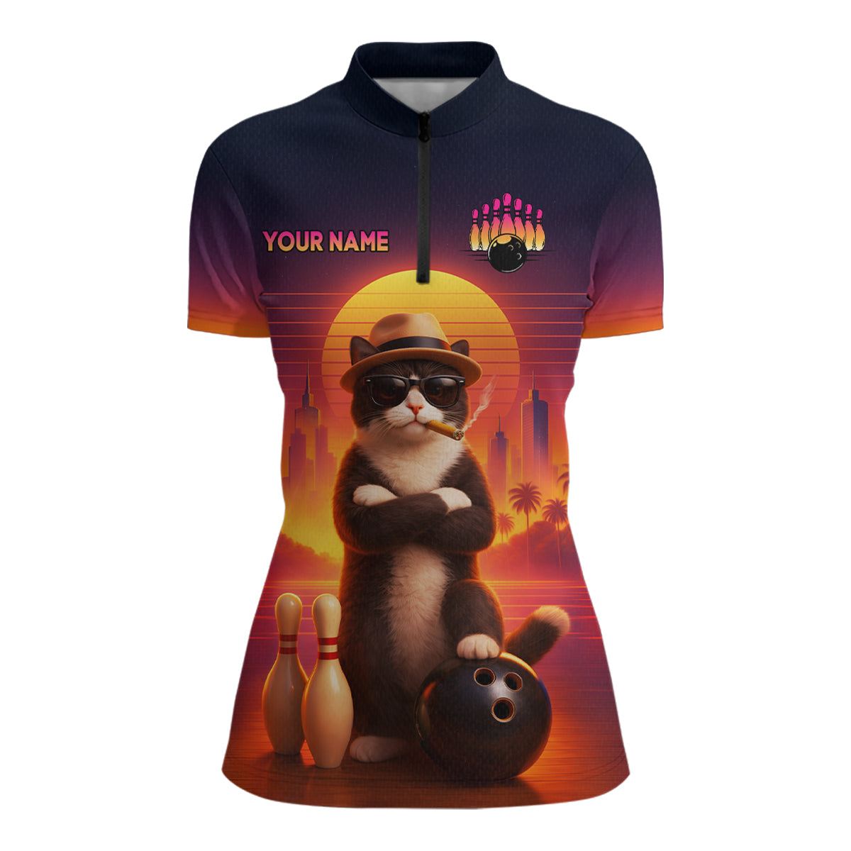 Custom Funny Cat Retro Bowling Jersey for Women Bowling Polo & 1/4 Zip Bowling Team Shirts HNT199