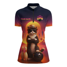 Load image into Gallery viewer, Custom Funny Cat Retro Bowling Jersey for Women Bowling Polo &amp; 1/4 Zip Bowling Team Shirts HNT199