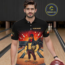 Load image into Gallery viewer, Men’s funny rooster bowling polo shirt, front view on male model in bowling lane 