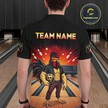Load image into Gallery viewer, Men’s funny rooster bowling polo shirt, back view on male model in bowling lane 