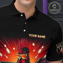 Load image into Gallery viewer, Men’s funny rooster bowling polo shirt with custom name, angled front view showing custom team design 
