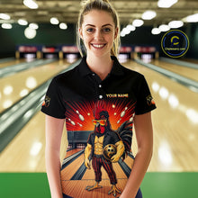 Load image into Gallery viewer, Women’s funny rooster bowling polo shirt, front view on female model in bowling lane 