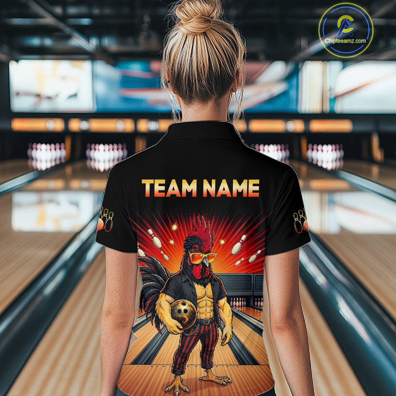 Women’s funny rooster bowling polo shirt, back view on female model in bowling lane 