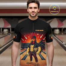 Load image into Gallery viewer, Men’s funny rooster bowling quarter zip shirt, front view on male model in bowling lane 