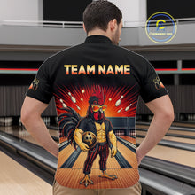 Load image into Gallery viewer, Men’s funny rooster bowling quarter zip shirt, back view on male model in bowling lane 