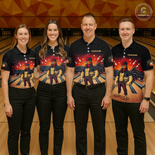 Load image into Gallery viewer, Group of bowlers in funny rooster team shirts, personalized bowling uniforms front view.