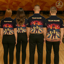 Load image into Gallery viewer, Group of bowlers in funny rooster team shirts, personalized bowling uniforms back view.