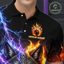 Load image into Gallery viewer, Men’s fire lightning wolf bowling polo shirt with custom name, angled front view showing custom team design 
