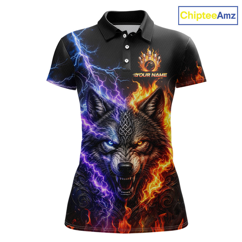 Custom fire lightning wolf bowling jersey for women, personalized team bowling polo shirt front view