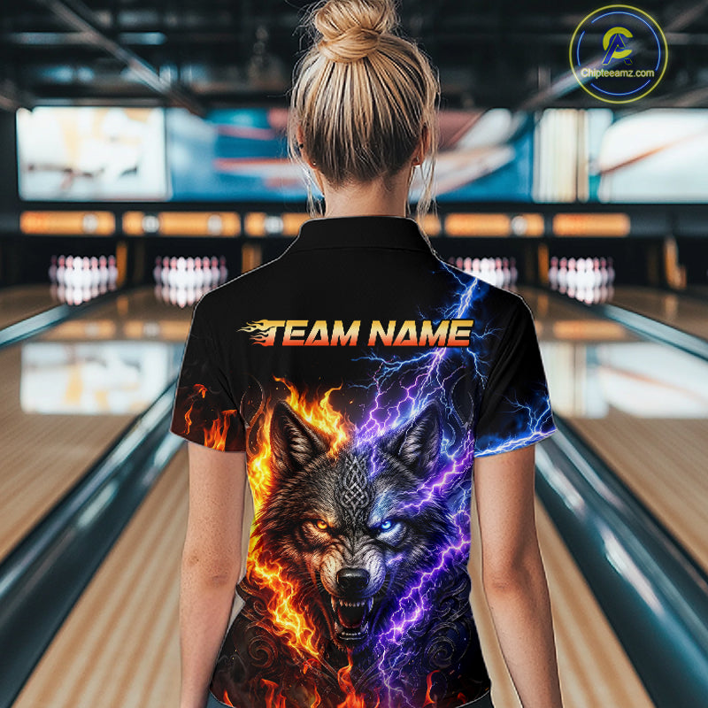 Women’s fire lightning wolf bowling polo shirt, back view on female model in bowling lane 