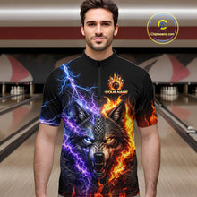 Load image into Gallery viewer, Men’s fire lightning wolf bowling quarter zip shirt, front view on male model in bowling lane 