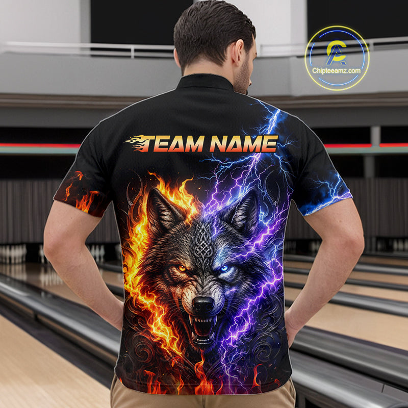 Men’s fire lightning wolf bowling quarter zip shirt, back view on male model in bowling lane 