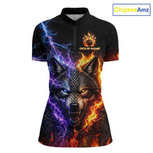 Load image into Gallery viewer, Custom fire lightning wolf bowling jersey for women, personalized team bowling quarter zip shirt front view